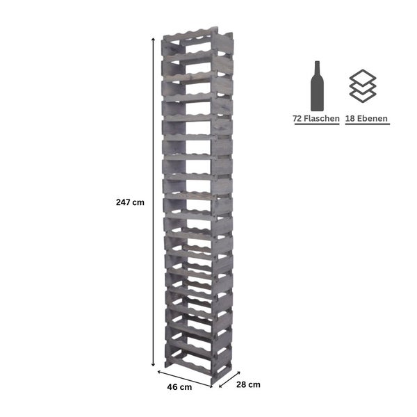 Weinregal VINOTECA FLEX PRO HxBxT 247x46x28cm 72 Flaschen auf 18 Ebenen Massives Kiefernholz Grau