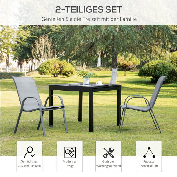 Outsunny 2er Set Gartenstuhl Stapelstuhl mit Armlehne Essstühle Garten Metall Mesh-Gewebe Grau 70 x 54 x 90 cm
