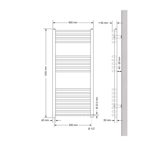 ECD Germany Badheizkörper Elektrisch 600 x 1200 mm mit Heizstab 900 W Große Leistung - Weiß - gebogen mit Seitenanschluss-Heizkörper Handtuchwärmer Handtuchtrockner Handtuchheizkörper Handtuchheizung