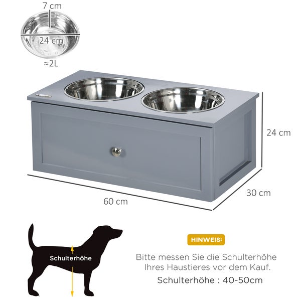 PawHut Hundenapf mit Schublade, erhöhter Fressnapf, Doppel Hundenapf aus Edelstahl, Futternapf für mittelgroße Hunde, Hunde Fressnapf mit Staumraum, Katzenapf, Futterstation, Grau