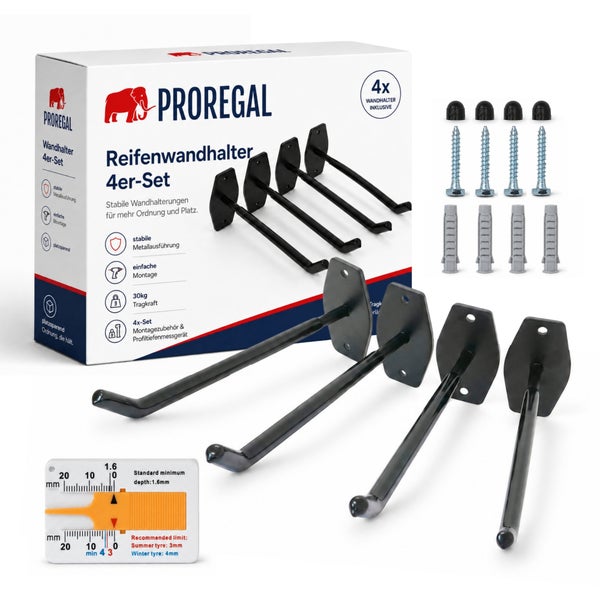 Proregal Reifenwandhalter 4er Set mit Befestigungsmaterial und Profiltiefenmesser