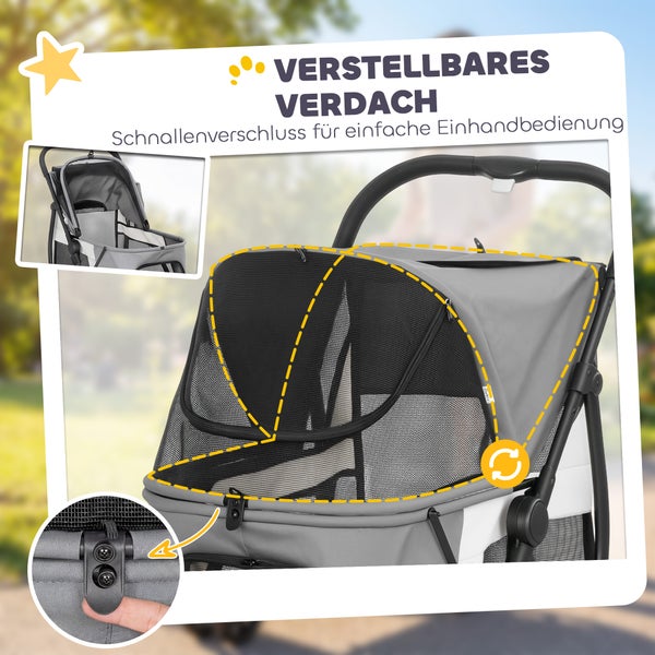 Hundebuggy mit verstellbarem Verdeck, Schnallenverschluss für Einhandbedienung und Mesheinsätzen für gute Belüftung.