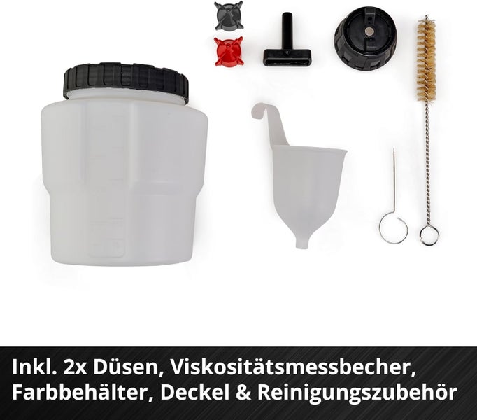 Zubehörset für Farbsprühsystem mit Farbbehälter, Deckel, zwei Düsen, Viskositätsmessbecher und Reinigungszubehör.