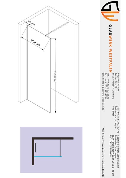 Technische Zeichnung einer Walk-In Duschwand mit den Maßen 2000 Millimeter Höhe und 355 Millimeter Breite.
