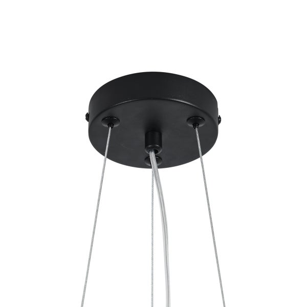 Schwarzer runder Deckenbaldachin für Pendelleuchten mit drei Drahtseilen und einem transparenten Stromkabel.