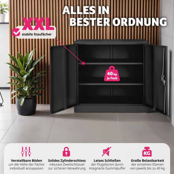 Aktenschrank tectake  90 x 40 x 90 cm aus pulverbeschichtetem Stahl schwarz