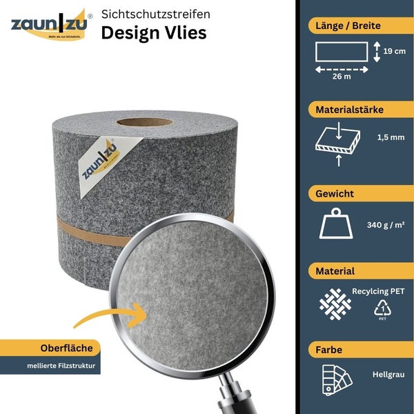 Zaun zu Sichtschutzstreifen Design Vlies, Länge 26 Meter, Breite 19 Zentimeter, Materialstärke 1,5 Millimeter, Gewicht 340 Gramm pro Quadratmeter, Material Recycling PET, Farbe Hellgrau