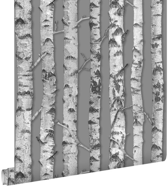 ESTAhome Tapete Birkenstämme Taupe Grau und Hellgrau - 53 cm x 10.05 m - 138892
