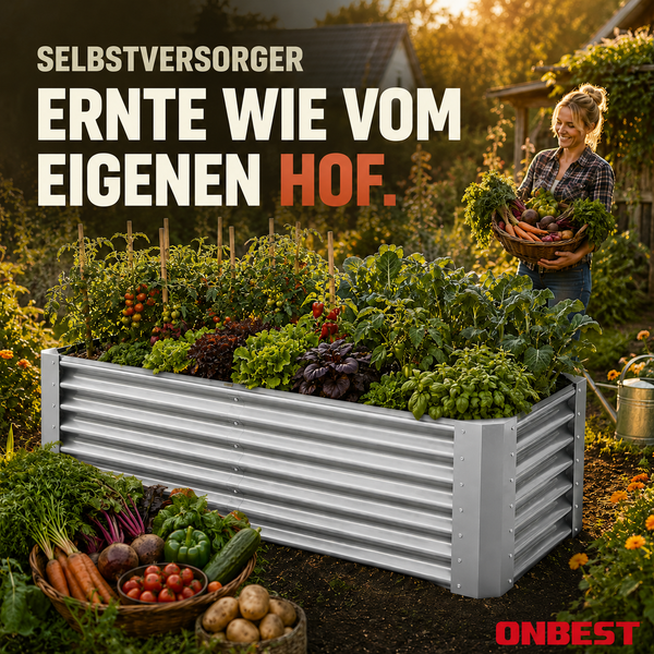 Hochbeet aus gewelltem Metall in einem hellen Garten mit Gemüse, eine Frau hält einen Korb mit Ernte, ONBEST Logo.