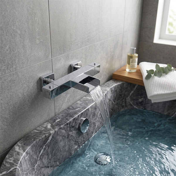 Wandmontierte Badewannenarmatur in Chromoptik mit Wasserfallauslauf, montiert an einer grauen Fliesenwand über einer Badewanne in Marmoroptik.