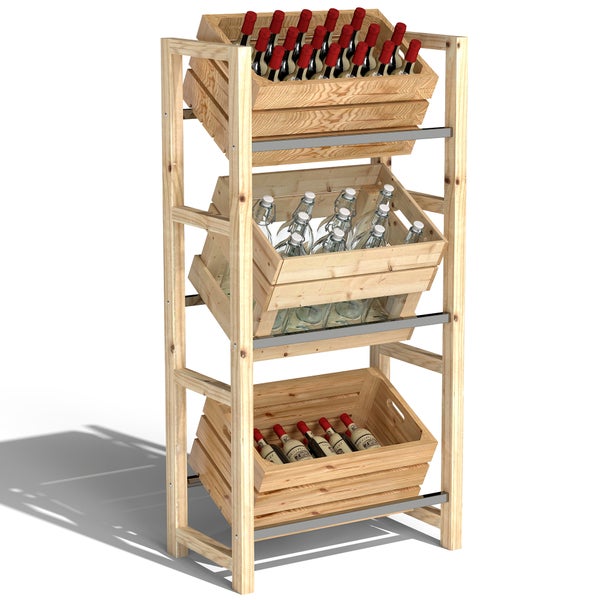 Outsunny Getränkekistenregal für 3 Getränkekisten Getränkeregal Holz Kistenregal mit 3 Ebenen freistehend Getränkekistenhalter belast 150kg Kistenständer für Bier, Wasser 56 x 32 x 112 cm Naturholz