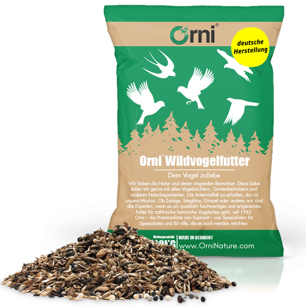 Packung Orni Wildvogelfutter mit einer Körnermischung aus verschiedenen Samen für Wildvögel, deutsche Herstellung.