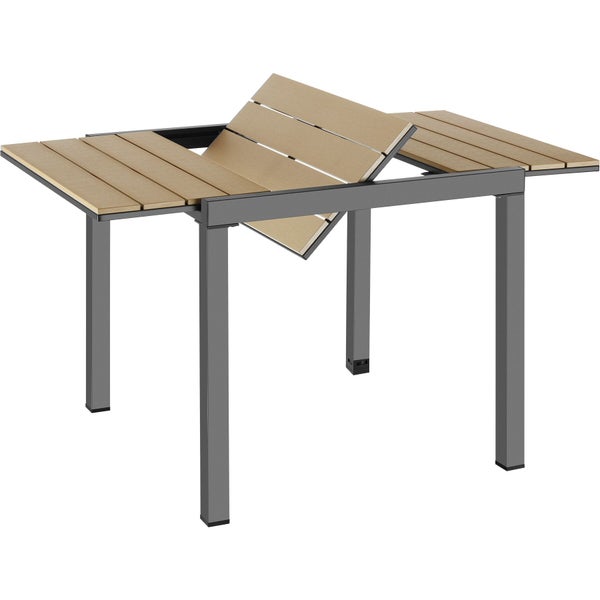 Ausziehbarer Gartentisch mit anthrazitfarbenem Aluminiumgestell und hellbraunen Holzlamellen, Schmetterlings-Ausziehmechanismus.
