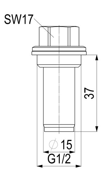 Technische Zeichnung einer Hahnverlängerung mit Schlüsselweite 17, Länge 37 Millimeter, Durchmesser 15 Millimeter und G 1/2 Zoll Gewinde.