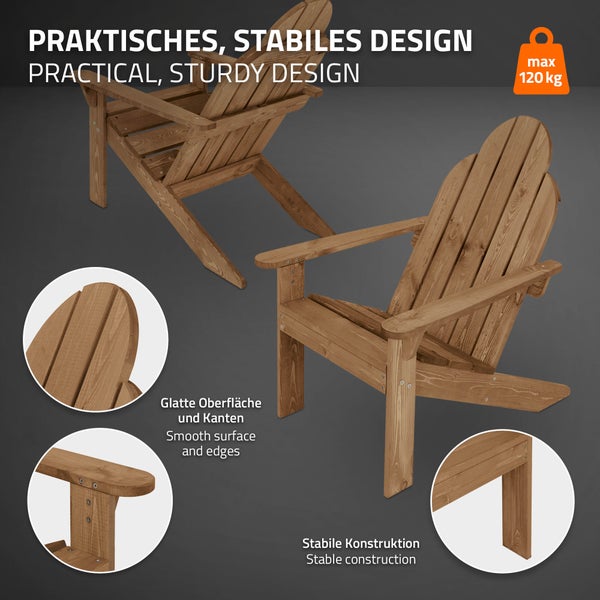 ECD Germany Adirondack-Stuhl 2er Set aus Tannenholz Massiv, 92,5x70x89 cm, Braun, Gartenstuhl mit Rückenlehne & Armlehnen, Holzstuhl, Wetterfeste Gartensessel, Relaxstuhl für Balkon, Garten, Strand
