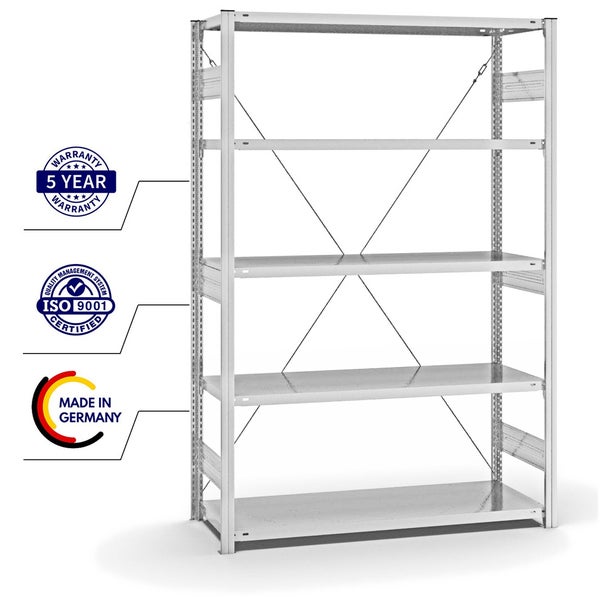 PROREGAL Fachbodenregal Stecksystem T-Profil Heavy-Duty Grundregal HxBxT 200 x 130 x 50 cm 5 Ebenen Fachlast 330 kg Einseitig Nutzbar Lichtgrau