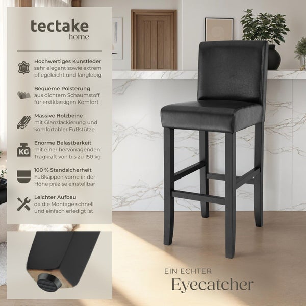 tectake home Logo. Barhocker mit schwarzem Kunstleder, Polsterung und Holzbeinen in heller Küche. Detailansicht einer verstellbaren Fußkappe.