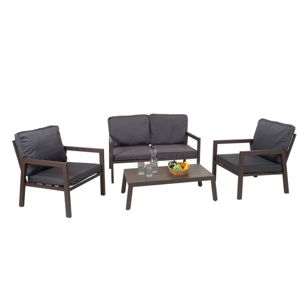 4-teiliges Garten-Lounge-Set mit 2-Sitzer-Sofa, zwei Sesseln und einem Tisch, braunes Gestell, graue Polster.