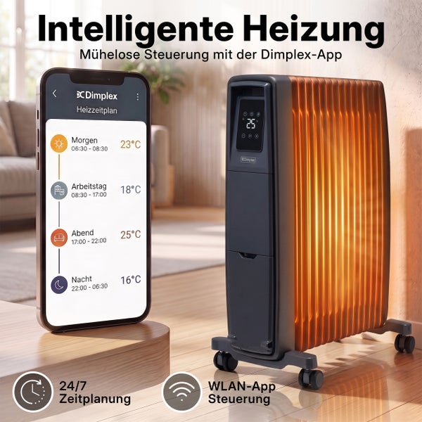 Mobiler Dimplex Ölradiator mit WLAN Steuerung über App und digitalem Display zur intelligenten Zeitplanung für ein angenehmes Raumklima.