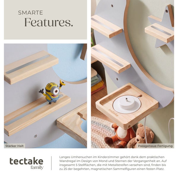 Tectake Wandregal für Kinderzimmer im Mond und Sterne Design mit magnetischen Ablageflächen für Sammelfiguren