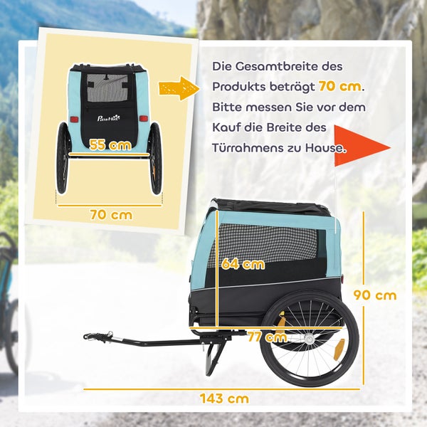 PawHut Hundeanhänger Maße: Gesamtbreite 70 Zentimeter, Gesamtlänge 143 Zentimeter, Gesamthöhe 90 Zentimeter, Kabine 77 mal 55 mal 64 Zentimeter.