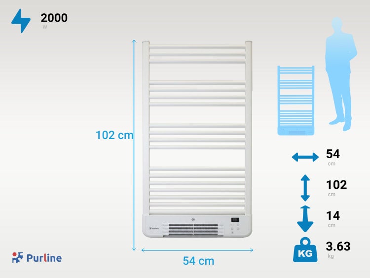 Purline Handtuchwärmer mit den Maßen 102 x 54 x 14 Zentimeter und 2000 Watt Leistung.