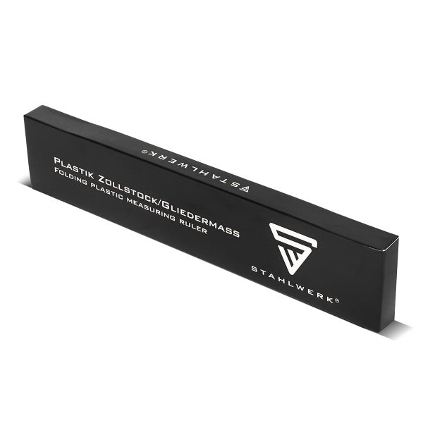Stahlwerk Plastik Zollstock Gliedermass in schwarzer Verpackung mit Stahlwerk Logo.