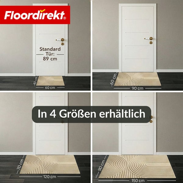 Floordirekt Logo. Fußmatte mit Muster in vier Größen vor einer Tür: 40 mal 60, 60 mal 90, 70 mal 120 und 90 mal 150 Zentimeter.