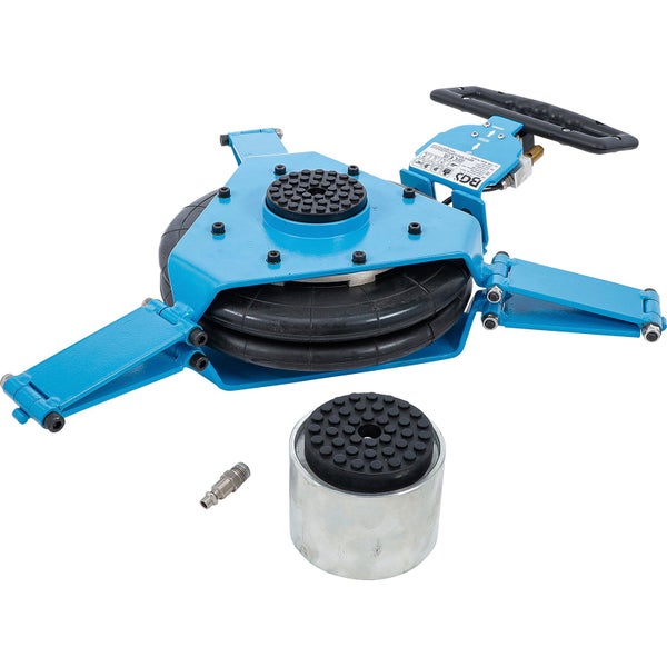 Pneumatischer Wagenheber mit drei Luftkissen, blauem Metallrahmen, Griff und rundem Aufsatz.