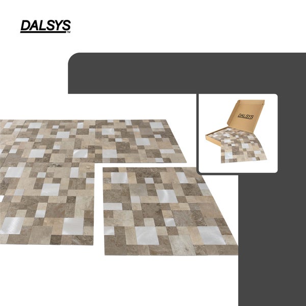 Mosaikfliesen in Steinoptik und Metalloptik von Dalsys, quadratisch, mit Produktverpackung und Dalsys Logo.