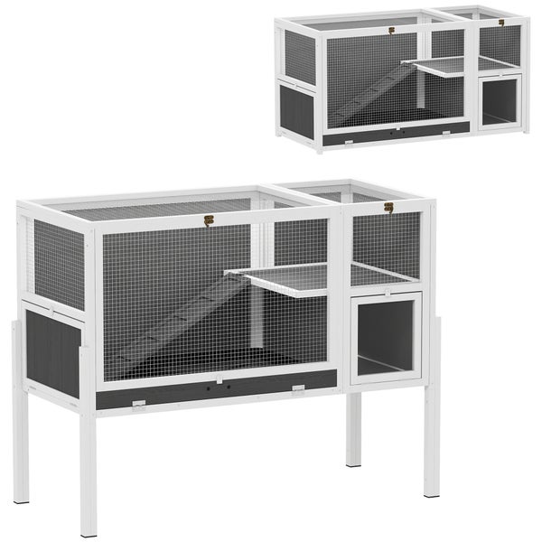 Weißer und dunkelgrauer Kleintierstall aus Holz mit Beinen, Drahtgitter, Rampe und separatem Ruhebereich.
