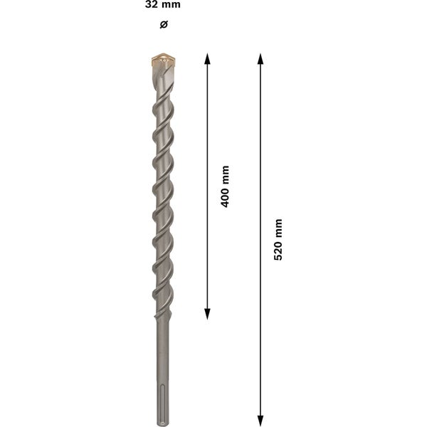 Bohrhammerbohrer mit 32 Millimeter Durchmesser, 520 Millimeter Länge und 400 Millimeter Arbeitslänge