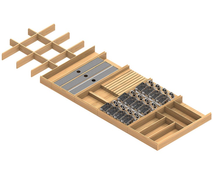 Besteckeinsatz aus Holz mit verstellbaren Fächern und integriertem Gewürzregal inklusive Gläsern für eine organisierte Schublade