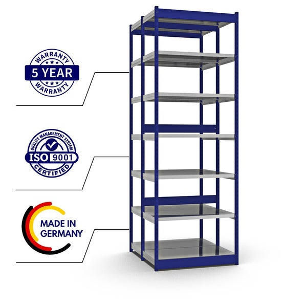 PROREGAL Fachbodenregal Stecksystem Vierkant-Profil Grundregal HxBxT 300 x 102,5 x 50 cm 2x7 Ebenen Doppelseitige Bauart Fachlast 200 kg Enzianblau