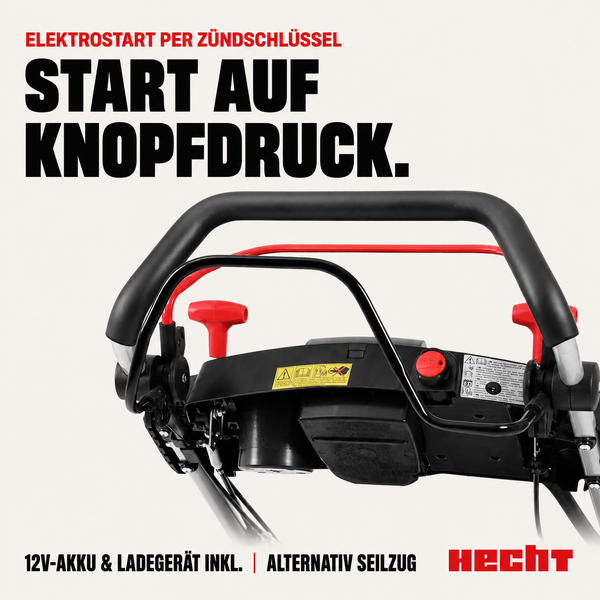 Hecht Benzin-Rasenmäher Bedienpanel mit Elektrostart-Knopf, inklusive 12 Volt Akku und Ladegerät sowie alternativem Seilzugstarter.