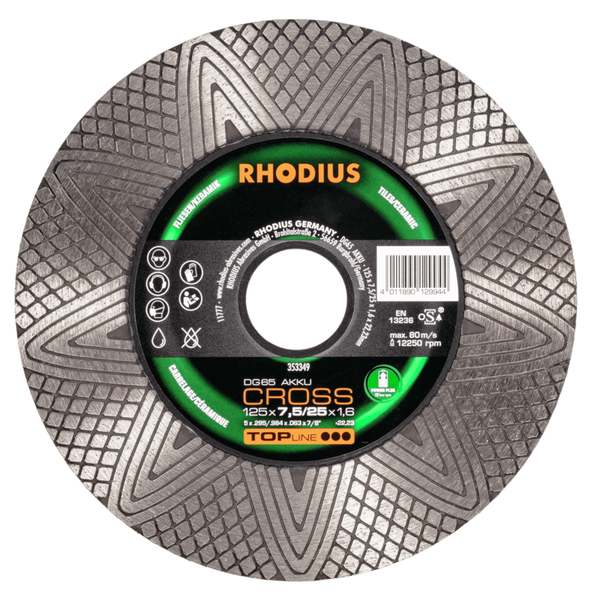 RHODIUS Diamanttrennscheibe DG65 ACCU CROSS, 1 Stück, 125 x 7,5/25 x 1,6 x 22,23 mm für Fliesen/Keramik, TOPline
