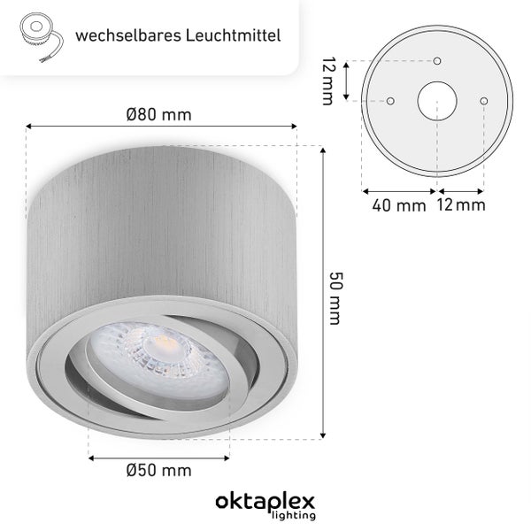 Aufbauspot Lile Aluminium gebürstet 6 Stück inklusive LED Modul 4,8W 4000K Neutralweiß Aufputz Aufbauleuchte und Schwenkbar