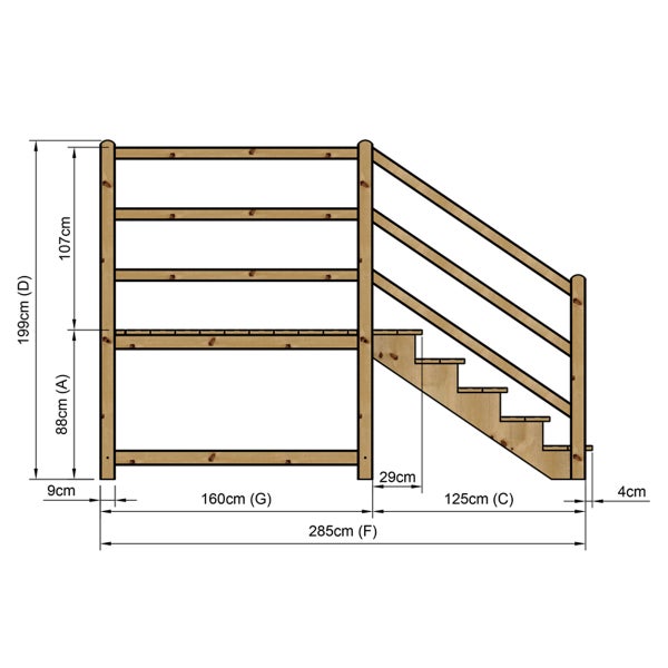 Technische Zeichnung einer Holztreppe mit den Maßen 199 cm Höhe, 285 cm Länge und 160 cm Breite.