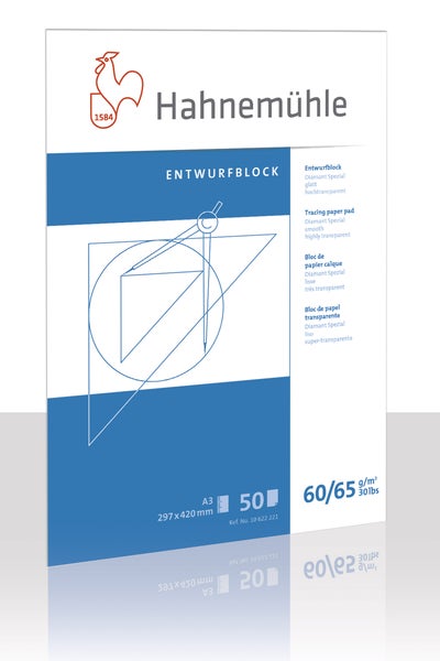 Hahnemühle Entwurfblock Diamant Spezial, A3, 297 mal 420 Millimeter, 50 Blatt, 60 bis 65 Gramm pro Quadratmeter, hochtransparent und glatt.