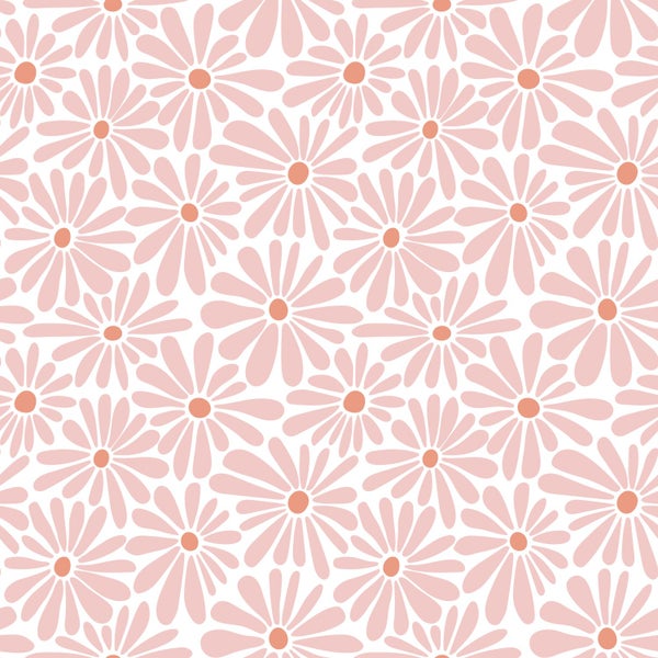 Tapetenmuster mit rosafarbenen Gänseblümchen und pfirsichfarbenen Blütenmitten.
