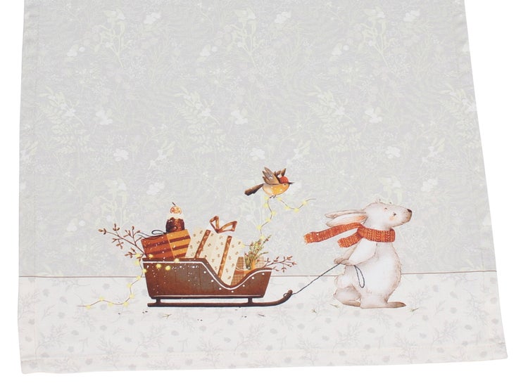 Geschirrtuch mit weihnachtlichem Hasenmotiv und Geschenkschlitten