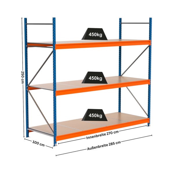 Lagerregal mit drei Ebenen, Abmessungen und Gewichtsangaben