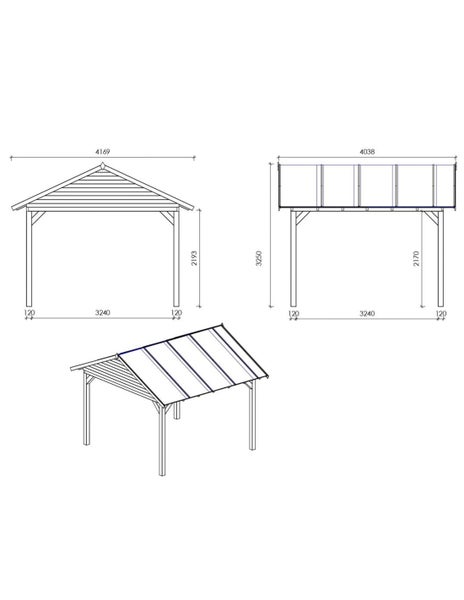 Technische Zeichnung eines Holz Carports mit Maßen in Millimeter, Ansichten von vorne, von der Seite und in der isometrischen Perspektive.