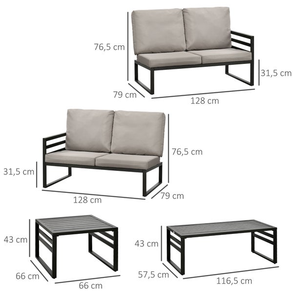 Outsunny 4-tlg. Gartenmöbel-Set, Gartenlounge-Set mit Sitzkissen, zwei Doppelsofas, 128L x 79B x 76,5H cm, Stahl, Hellgrau+Schwarz
