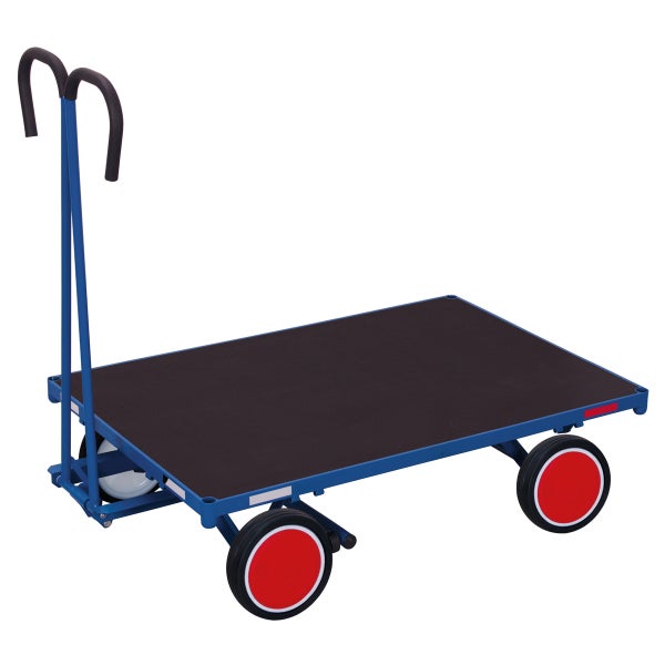 Plattformwagen mit schwarzer Ladefläche und blauen Rädern