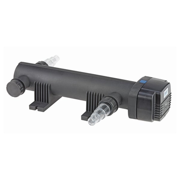 Schwarzes Oase Vitronic Ultraviolett C Vorklärgerät für Teiche mit transparenten Schlauchanschlüssen und Standfüßen. Oase Logo.