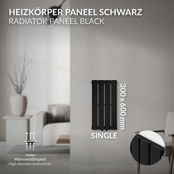 Schwarzer Einzel-Heizkörper mit den Maßen 300 x 600 Millimeter an der Wand