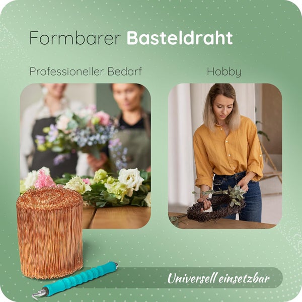 Formbarer Basteldraht aus Kupfer mit Drillapparat, dargestellt in hellen Szenen für professionelle Floristik und Hobby-Kranzbinden.