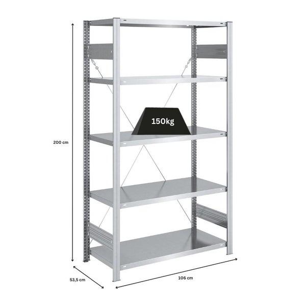 PROREGAL Schwerlastregal Silver Mamba Made In Germany  HxBxT 200 x 100 x 50 cm 5 Ebenen Je 150 kg Fachlast  Verzinkt