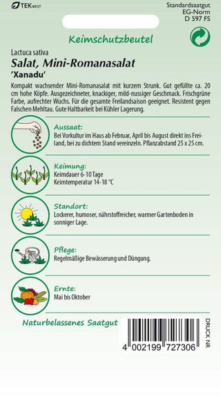 Salat-Saatgut Mini-Romanasalat 'Xanadu' auf einer Verpackung von Tekwest